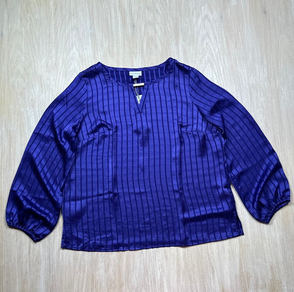 NWT Liz Claiborne NWT Tropic Violet Windowpane Satin Balloon Sleeve Blouse LG